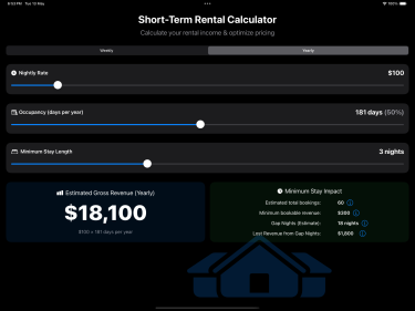 StayMetrics on iPad showing $18,100 yearly revenue at $100/night with 3-night minimum