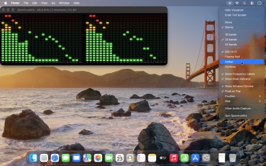 SpectrumViz - The menu bar menu, next to a Stereo window with 24 bands